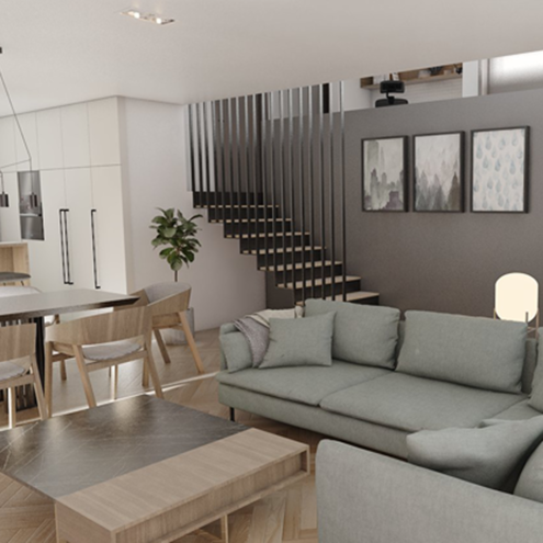 Projekt koncepcyjny oraz wykonawczy wnętrz domu jednorodzinnego w Mikołowie.