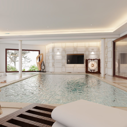 Projekt prywatnego basenu inspirowanego japońską kulturą wschodu.