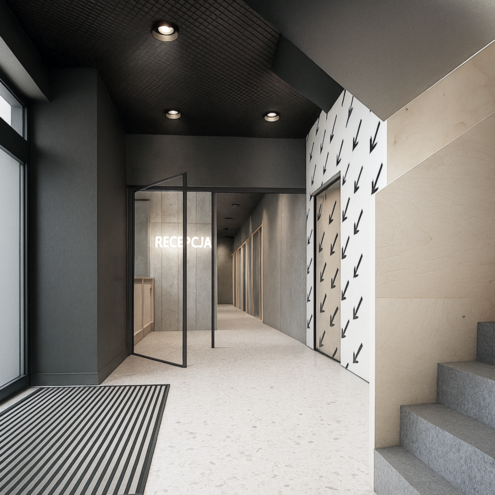 Projekt koncepcyjny i wykonawczy biurowca firmy WOLFHAUS w Siemianowiach Śląskich przy ulicy Budowlanej 17.