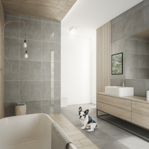 Projekt koncepcyjny oraz wykonawczy łazienki w Gliwicach.